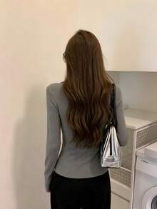 Early Spring Inner Layer Short V-Neck Slim Fit Design Niche Waist-Cinching Long Sleeve Top - Grey - View 10
