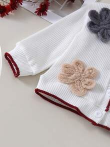 2pcs Baby Girls Gentle Pastoral Style Handmade Crochet Floral Decor Knitted Cardigan And Plaid Pleated Skirt Set, Spring/Autumn - Burgundy - View 6