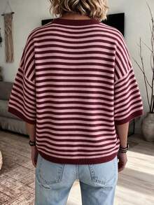Women's New Autumn Contrast Color Striped Knit Top, Casual Daily Wear, Preppy Style - Maroon and Pink - View 5