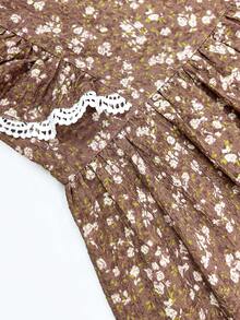 Tween Girls Tween Girl Autumn/Winter Brown Ditsy Floral Print Patchwork Lace Ruffle Flutter Sleeve Cinched Waist A-Line Pastoral Vacation Dress - Multicolor - View 6