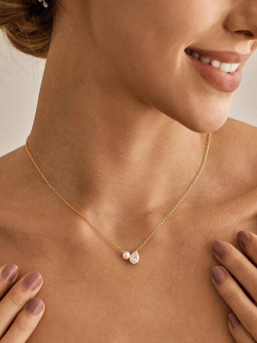 Women's Delicate Pearl Gold Necklace 14K Gold Plated Cubic Zirconia Cute Pendant Necklace Minimalist Gold Choker Fashion Jewelry - Gold - View 1
