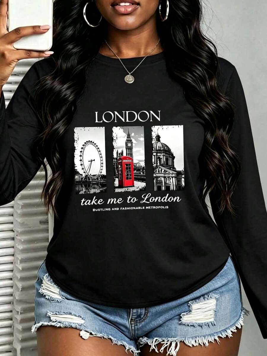Plus Size London City Landmark Graphic Long Sleeve Top, Letter Print Loose Casual Autumn/Winter Daily Top - Black - View 1