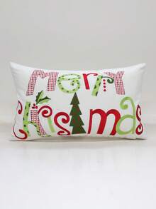 1pc Christmas Merry Christmas Embroidered Rectangular Throw Pillow Cover, Red & Green Letter Christmas Tree Embroidery Cushion Case, Living Room Sofa Atmosphere Decor Bedroom Bedside, Zipper Closure, Machine Washable, Pillow Insert Not Included - Multicolor - View 6