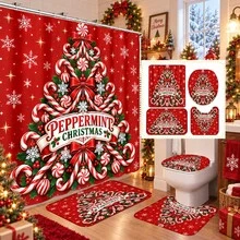 Set Dekorasi Kamar Mandi Natal Motif Pohon Natal Candy Cane Multifungsi 1pc/4pcs, Tirai Kamar Mandi dengan Gratis 12 Pengait, Keset Lantai U-Shaped dan Penutup Dudukan Toilet Bulat, Premium untuk Suasana Meriah, Cocok untuk Semua Dekorasi Ruangan - Pohon Natal Permen Tongkat - View 1