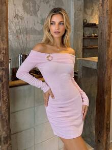 Nicenter Women's Cold Shoulder Metal Button Pleated Long Sleeve Wool Blend Knit Dress, Elegant Pink Autumn Women's Wear, Winter Party Vacation Outfit - Mauve Purple - View 8