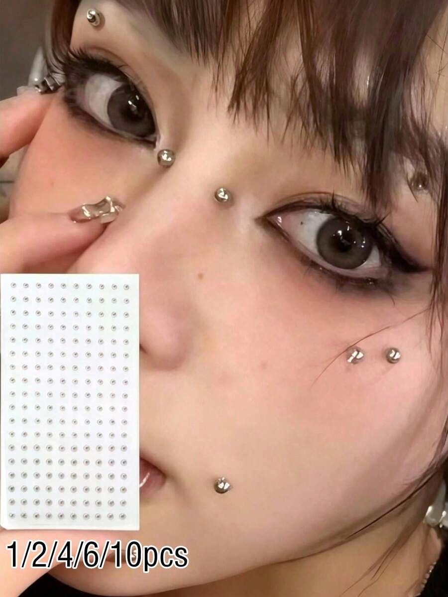 1/2/4/6/10件防水仿穿刺飾品，包含自黏式唇環、眉環、鼻環與肚臍飾品，返校季臉部水鑽貼紙套組