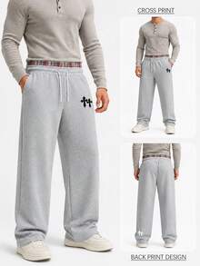 Men's Baggy Wide Leg Sweatpants, Cross Graphic Print & Plaid Layered Waistband, Elastic Drawstring Waist And Side Pockets, Y2K Casual Streetwear Pants - Grey - View 8