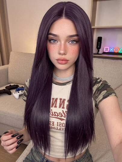 AKAKO 28 Inch Dark Purple Long Straight Wig With Curtain Bangs, Silky Heat-Resistant Synthetic Fiber Hair, Halloween Costume Wig For Cosplay, Music Festival Party Wear, Goth Alt Girl Streetwear, Daily Outfit