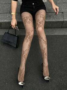 1 Pair Women's Mesh Tights - Floral Lace Accents, French Style, Suitable For Date Night, Layering & Romantic Gift - Multicolor - View 7