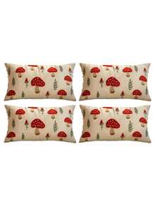 1/2/4Pcs 2D Flat Printed Mushroom Pillow Cover, Autumn Maple Leaf Throw Cushion Case, Non Real Embroidered Cottagecore Fall Decor, Vintage Faux Linen Lumbar Square - Multicolor - View 11
