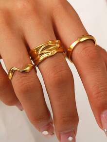 3pcs European & American Vintage Asymmetrical Pleated Wide Band Rings Set, Fashionable Luxury High-End Gold Open Rings, Suitable For Women's Daily, Holiday, Commute Wear - 3-piece Ring Set - View 7