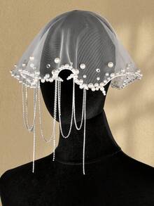 Pearl Rhinestone Chain Tassel Bridal Veil, Western Style Bride Portrait Photography Veil Accessory - Multicolor - View 6