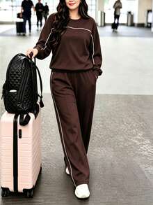 Autumn And Winter Commuting Elegant Women's Round Neck Sweatshirt Casual Daily Straight Tube Loose Pants Two Pieces Set - Dark Coffee - View 4