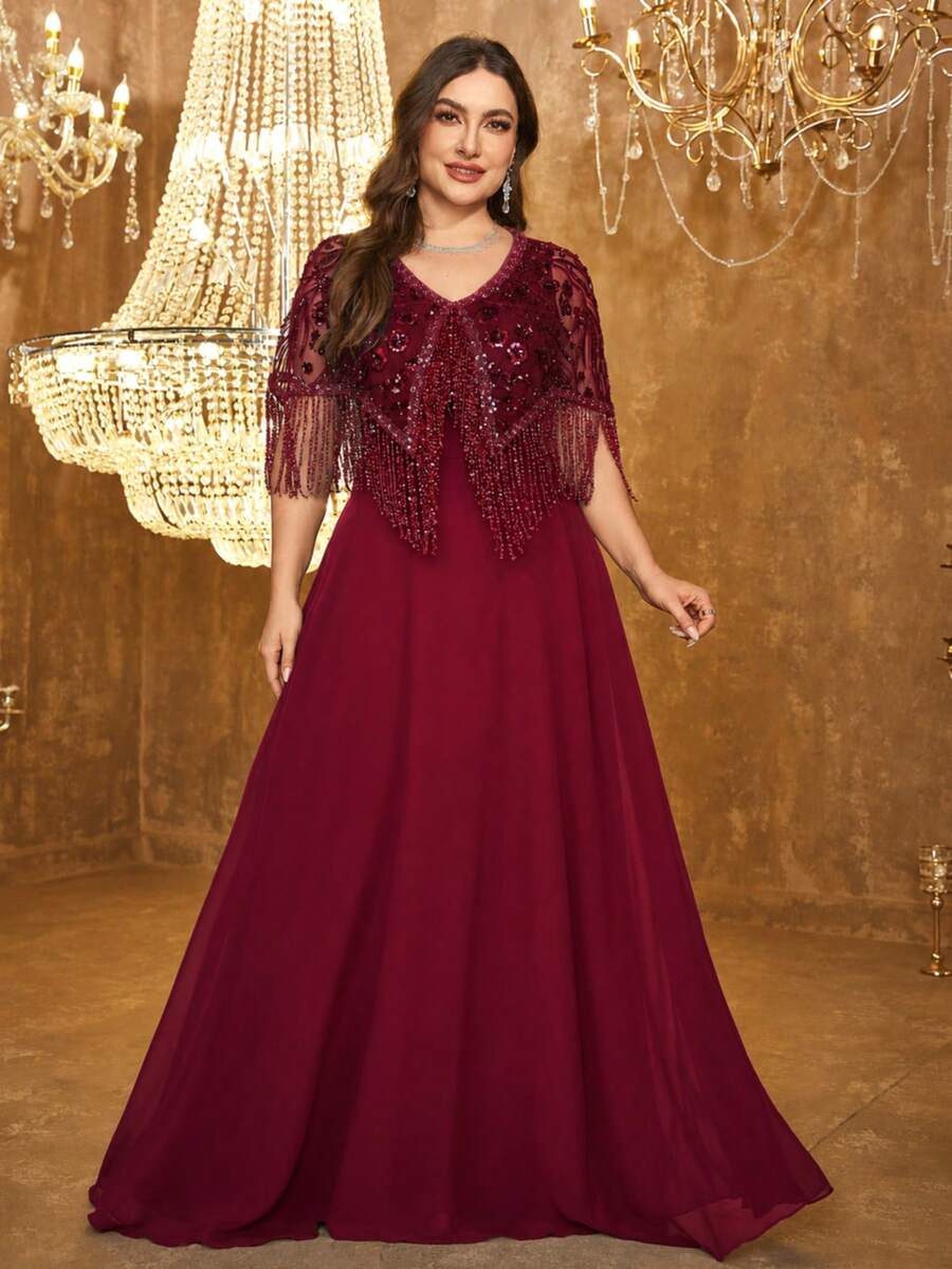SUPGIR Plus 女款優雅 V 領精工亮片拼接雪紡流蘇袖修身長款晚禮服 - 酒紅色 - 查看 1