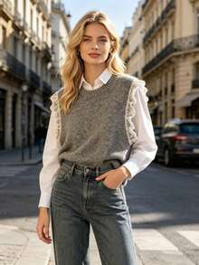 New Arrival Solid Color European And American Style Turtleneck Knit Vest For Women, Lace Trim Soft And Elegant Sleeveless Layering Tank Top For Early Autumn - Ash - View 7
