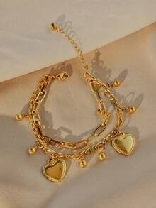 INS Hip-Hop Couple Bracelet, Vintage Double-Layer Heart Design, Minimalist Cold Tone Beaded Chain Wrist Ornament - Multicolor - View 3
