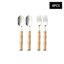 4pcs Bamboo-Knot Handle Stainless Steel Cutlery Set, Bamboo-Knot Shaped Knife, Fork, Spoon, Reusable Utensils, Suitable For Home, Restaurant And Picnic - Silver - View 5