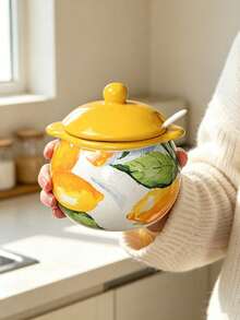 High Aesthetic Hand-Painted Floral Ceramic Seasoning Jar With Lid And Spoon, Dual Handle Salt & Sugar Canister, Kitchen Heat-Resistant Lard & Chili Oil Pot, Ceramic Sealed Storage Container, Fresh Printed Condiment & Sauce Organizer, Vintage Painted Dual Handle Ceramic Spice Holder, Kitchen Salt & Sugar Storage Box With Fresh Floral Print - Multicolor - View 14