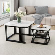 Nest Of 2 Tables  Square Coffee Table Coffee Table Set Nesting Sofa Table Multi-Functional End Side Table Nesting Tables With Black Metal Frame And Marble Pattern White Top Living Room Home - White Marble + MDF+Steel - View 1