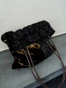 2026 New Leopard Print Sequin Shoulder Bag Women's Underarm Chinese Style Colorblock Canvas Tote Handbag - Black - View 4