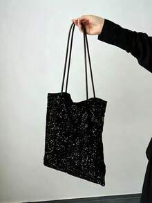 2026 New Leopard Print Sequin Shoulder Bag Women's Underarm Chinese Style Colorblock Canvas Tote Handbag - Black - View 6