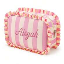 (Custom Embroidery) Wood Ear Trim Striped Makeup Bag, Sweet Ruffle Edge Large Capacity Storage Bag, Travel Portable Toiletry Organizer - Multicolor - View 12