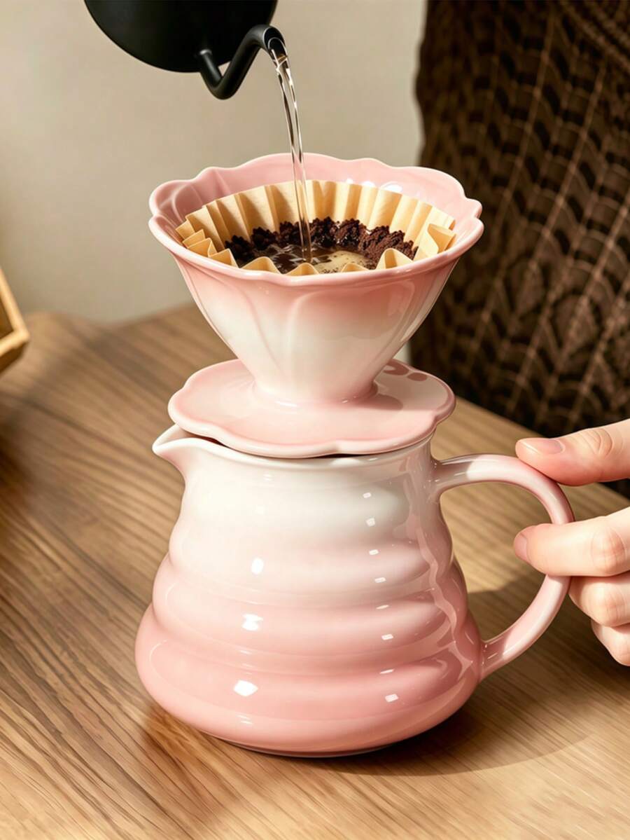 2pcs Drip Coffee Pot Set With Gradient Color Ceramic And Glass Material, Ceramic Coffee Dripper And Carafe, Handheld Coffee Brewer For Home, Camping And Outdoor Activities - Multicolor - View 1