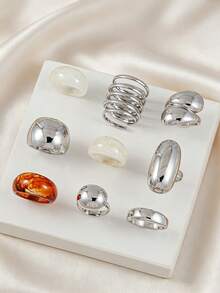 9pcs Exaggerated Chunky Smooth Heavy Metal Resin Ring Set, Stackable, Suitable For Women's Party, Daily Wear, Jewelry - Multicolor - View 8