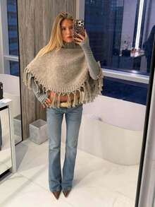 FOR BEAUTY Fall Winter Women Sweaters Y2K Boho Khaki Fringe Tassel Turtleneck Crop Poncho Knit Tops Sweaters Vacation Party Concert Going Out Clothes - Grey - View 1