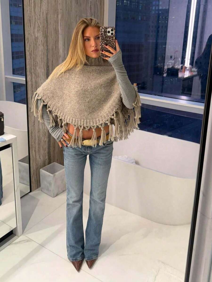 FOR BEAUTY Fall Winter Women Sweaters Y2K Boho Khaki Fringe Tassel Turtleneck Crop Poncho Knit Tops Sweaters Vacation Party Concert Going Out Clothes - Grey - View 1