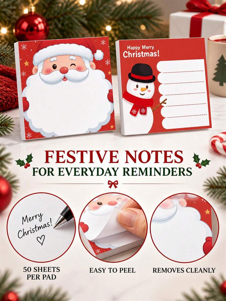 2pcs Christmas Themed Student Sticky Notes, Memo Notepad Self-Adhesive, Includes Santa Claus And Snowman Styles, Suitable For Students To Take Notes, Write Daily Plans, Etc., Also Can Be Given As Christmas Gifts For Children By Parents. - Multicolor - View 1