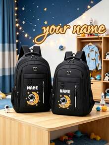 1pc Personalized Customized Large Capacity Backpack With Fashion Casual Astronaut And Moon Theme Print, Zipper Closure Nylon Material, Adjustable Shoulder Straps, Hand-Carry, Suitable For School, Commute, Shopping, Daily Use. Birthday Gift. - Vertical Zipper Style - Multicolor - View 2