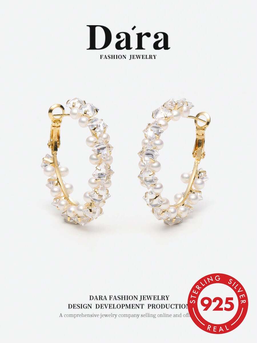 DARA Freshwater Pearl Earrings S925 Silver 3-4mm High Luster Design Luxury Women's Double Hoop Earrings - White Gold - View 1