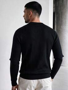 GRDR Men's Black Vertical Ribbed Crew Neck Sweater Slim Fit Textured Knit Pullover Casual Base Layer Top Autumn/Winter - Black - View 2