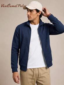 Vancamel Pulse Men's Outdoor Sport Style Jacket With Small Stand Collar, Solid Color Minimalist Versatile Wave Pattern Textured Jacket - Royal Blue - View 4