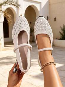 Women Rhinestone Embellished Mary Jane Wedge Heel Shoes, Single Strap Square Toe Textile Upper Soft Low Wedge Sole Casual Daily Wear Shoes - Beige - View 7