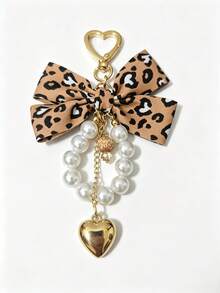 1pc New Leopard Print Fabric Bow Keychain, Sweet Faux Pearl Tassel Pendant With Gold Heart-Shaped Clasp, Key Ring, Car Bag Charm, Holiday Gift - Multicolor - View 2