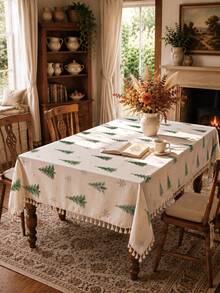1pc Christmas Winter Minimalist Christmas Tree & Snowflake Pattern Polyester Cotton Lace Tablecloth, Stain-Resistant With Tassel Fringe, Suitable For Square/Round Tables, Kitchen, Dining Table, Coffee Table, TV Cabinet, Entryway, Party Holiday Decoration, Home Decor, Christmas Gathering - Multicolor - View 1
