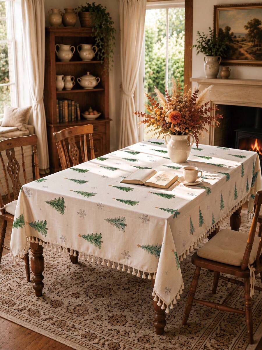 1pc Christmas Winter Minimalist Christmas Tree & Snowflake Pattern Polyester Cotton Lace Tablecloth, Stain-Resistant With Tassel Fringe, Suitable For Square/Round Tables, Kitchen, Dining Table, Coffee Table, TV Cabinet, Entryway, Party Holiday Decoration, Home Decor, Christmas Gathering - Multicolor - View 1