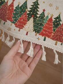 1pc Christmas Winter Minimalist Red & Green Christmas Tree Pattern Polyester Cotton Lace Tablecloth, Stain-Resistant With Tassel Fringe, Suitable For Square & Round Tables, Kitchen, Dining Table, Coffee Table, TV Cabinet, Entryway, Party Holiday Decor, Home Decor, Christmas Dinner - Multicolor - View 6