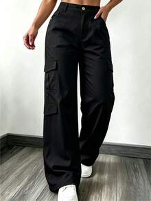 Women's Black High-Waist Multi-Pocket Cargo Pants, Lightweight Wide-Leg Casual Loose Long Pants - Black - View 4