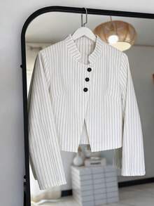 Women's Stand Collar Short Pinstripe Blazer - Casual Office Wear - White - View 6