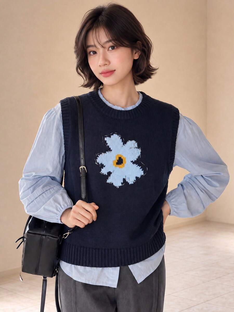 Women's Autumn/Winter Minimalist Casual Floral Pattern Knit Pullover Vest Top - Navy Blue - View 1