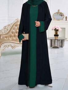 Contrast Color Open Front Abaya Set With Matching Hijab, Flare Sleeve Elegant Muslim Kaftan, Dubai Style Islamic Clothing - Multicolor - View 13