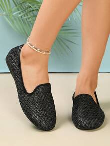 Black Woven Loafer Flats, Raffia Woven Hollow‑Out Upper, Round‑Toe Slip‑On Women Shoes, Breathable Soft‑Sole Lazy Shoes For Summer Commuting - Black - View 5
