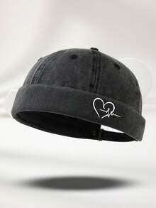 1pc Unisex Black Multi-Color Washed Distressed Heart & ECG Pattern Print Personalized Outdoor Casual Fashion Adjustable Size Washed Bucket Hat Brimless Cap Suitable For Daily Wear Versatile Matching - A - View 7