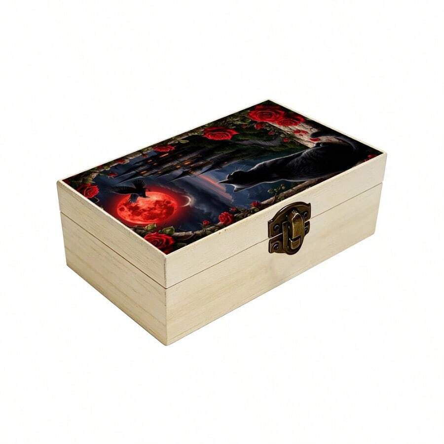 1pc Wooden Storage Box With Gothic Style Moon, Castle, Cat And Rose Illustration, Used As Gift Storage Box, Small Accessory Organizer, Jewelry Collection Memorial Box, Keepsake Storage Box, Home Decor, Creating Gothic Mysterious Home Aesthetic - Multicolor - View 1