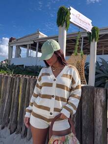Women's Autumn Cardigan & Shorts Two Pieces Set, V-Neck Striped Colorblock Outfit, Casual Vacation Wear For Fall/Winter - Multicolor - View 3