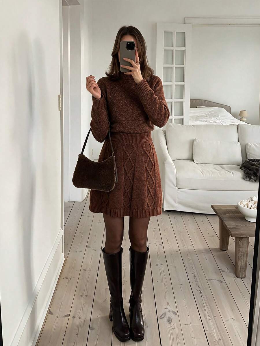 NOVELLE Women Retro Maillard Brown Cable‑Knit Mini Skirt, Autumn Winter Knit Skirt For Date Party Daily Commute Gathering Wear - Brown - View 1