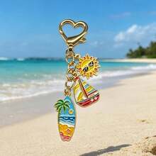 1pc Ocean Theme Enamel Keychain, Heart-Shaped Clasp With Ocean Animals, Sailboat And Lighthouse Bag Charm, Backpack Pendant, Holiday Gift For Girls And Women - Multicolor - View 11